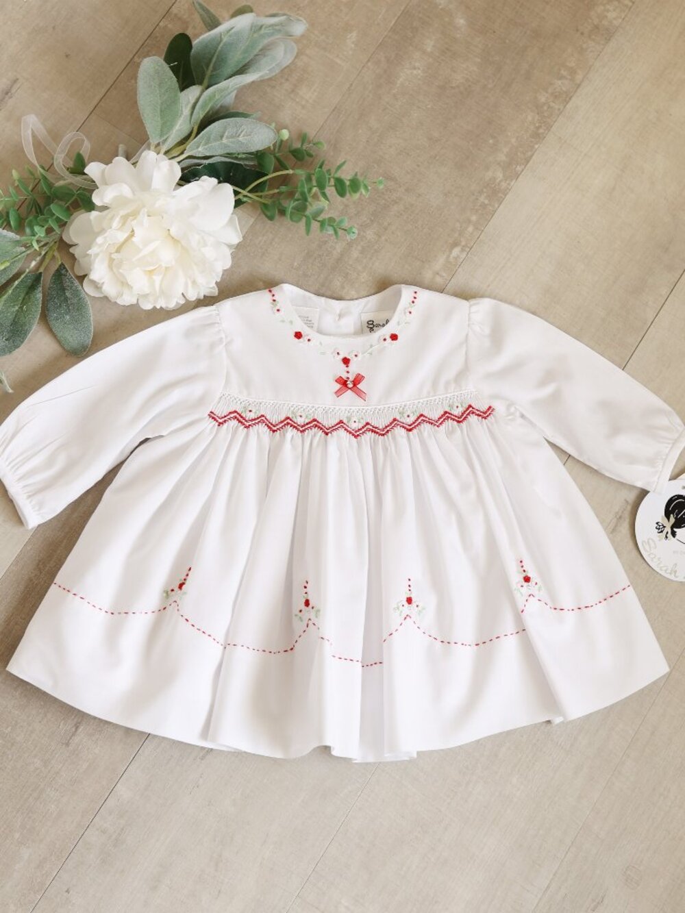 White Smocked Long Sleeve Float Dress Red Embroidery Sarah Louise 3 Months NWT